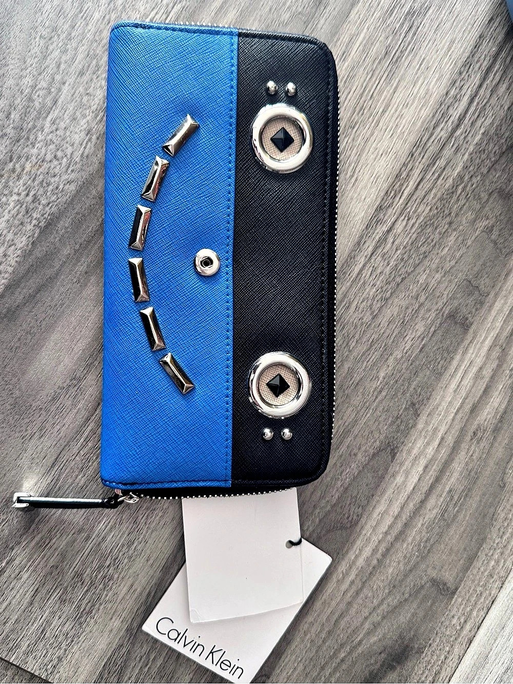 Calvin Klein Marine Blue Saffiano Leather Robot Smile Face Zip Around Wallet